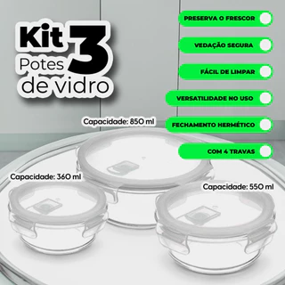 Conjunto 3 Potes Herméticos de Vidro Redondo 850ML 560ML 360ML