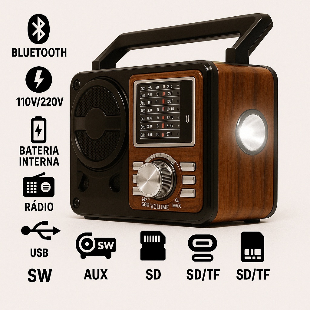 Caixa De Som Radio Retro Vintage Com Pilha Recarregavel Portatil Bluetooth USB FM Lanterna Caxinha