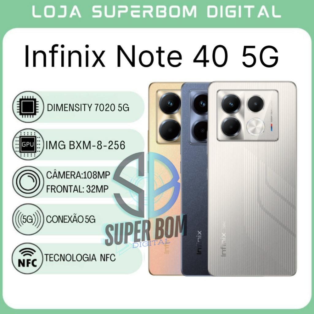 Infinix Note 40 5G, Câmera 108MP, 256GB/8GB RAM,Tela AMOLED, Bateria ...