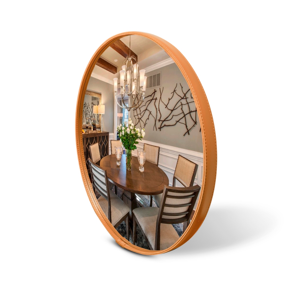 Espelho Adnet Redondo Couro Costurado Decorativo + Suporte Fixação 40cm Sala Quarto Banheiro Hall | Shopee Brasil