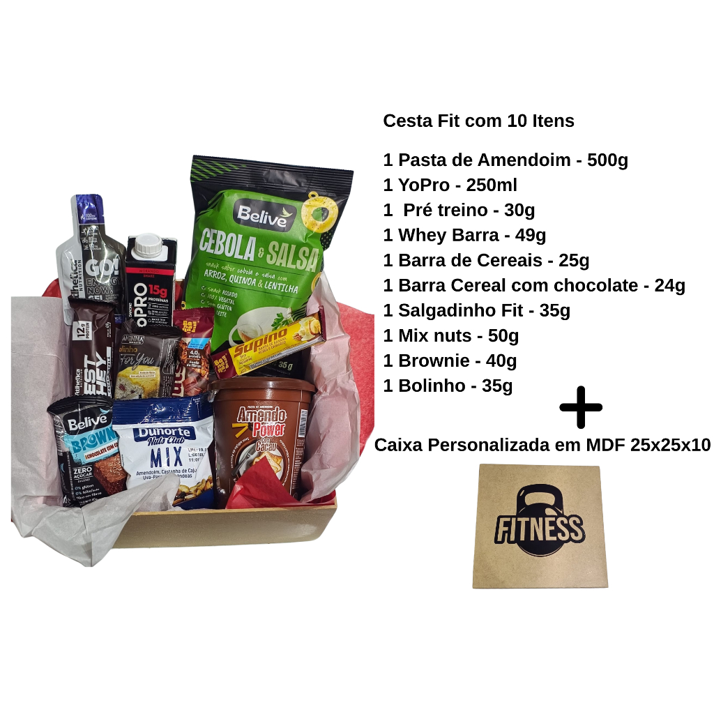 Kit Maromba - Cesta em Caixa de MDF - 10 Itens sem açúcar - Presente ...