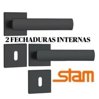 Kit 2 Fechaduras Internas Quarto 813/35 Stam Preto Fosco Maquina 40mm Roseta Quadrada