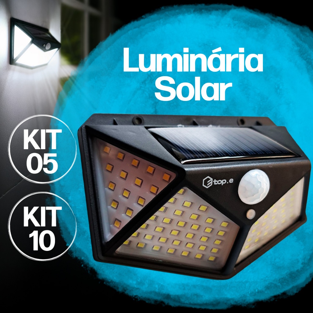 Kit 5 / 10 Luminária Solar Led Parede Sensor Balizador Arandela 20W Luz Branca 100 Leds Prova d'água