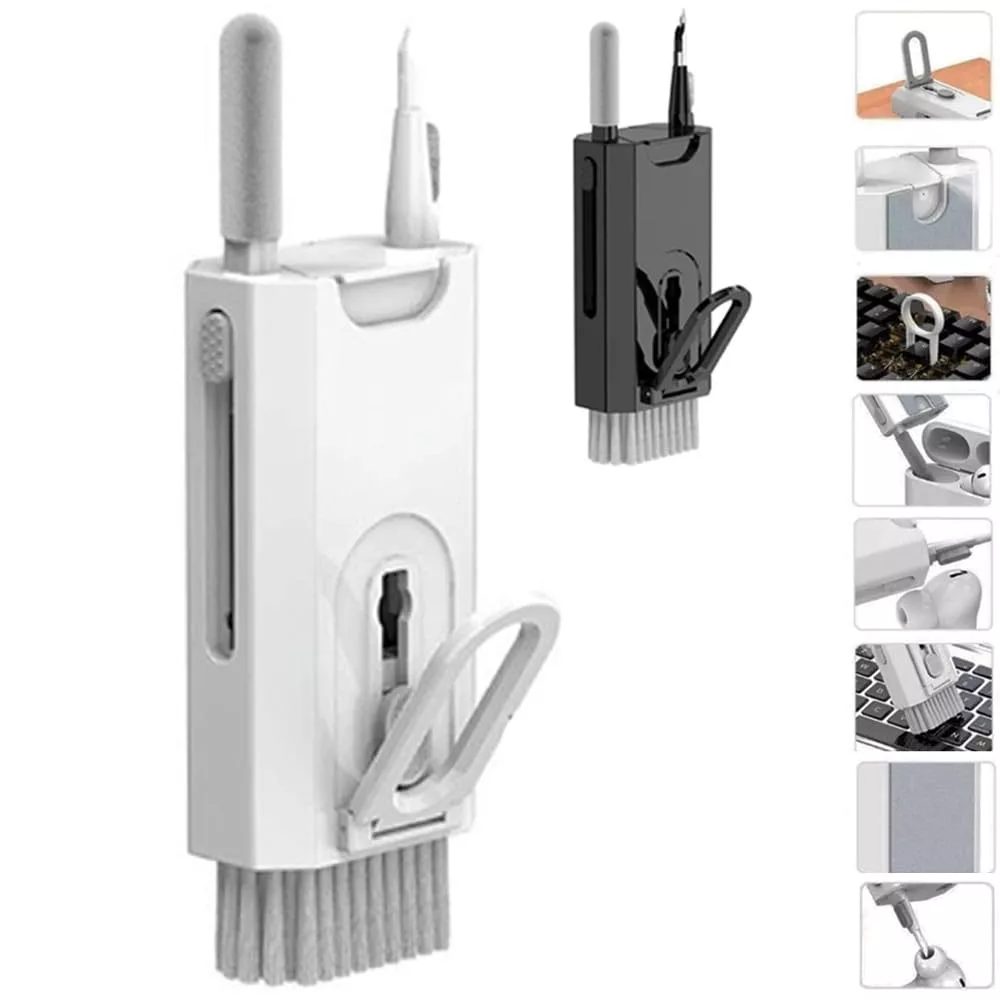 Visão geral do kit de limpeza multifuncional nas cores branca e preta mostrando as pontas extratoras e fones de ouvido em um guia de uso rápido.