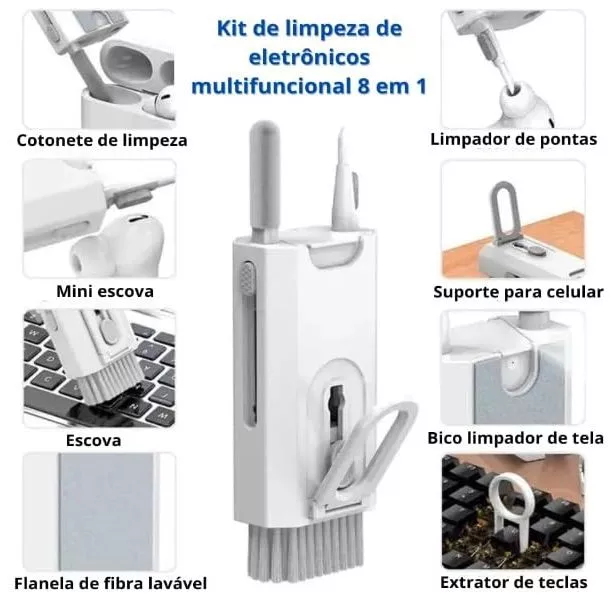 Infográfico em português detalhando as 8 funções do kit de limpeza, incluindo extrator de teclas, mini escova, cotonete de limpeza e suporte para celular.