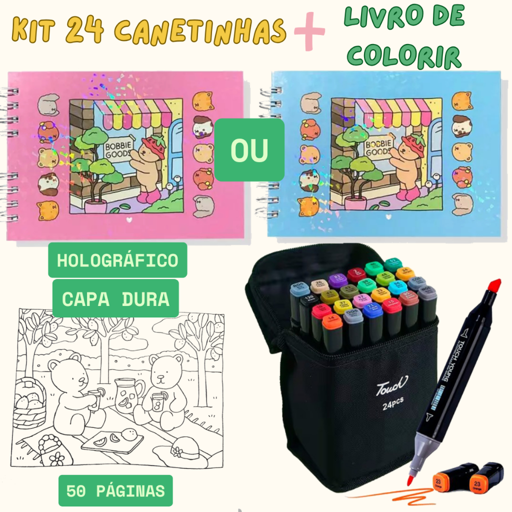 Kit Bobbie Goods 24 Canetas Duplas Touch + Livro De Colorir Capa Dura ...