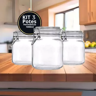 POTE DE VIDRO PREMIUM 1000ML HERMÉTICO COM TRAVA DE INOX KIT OU AVULSO