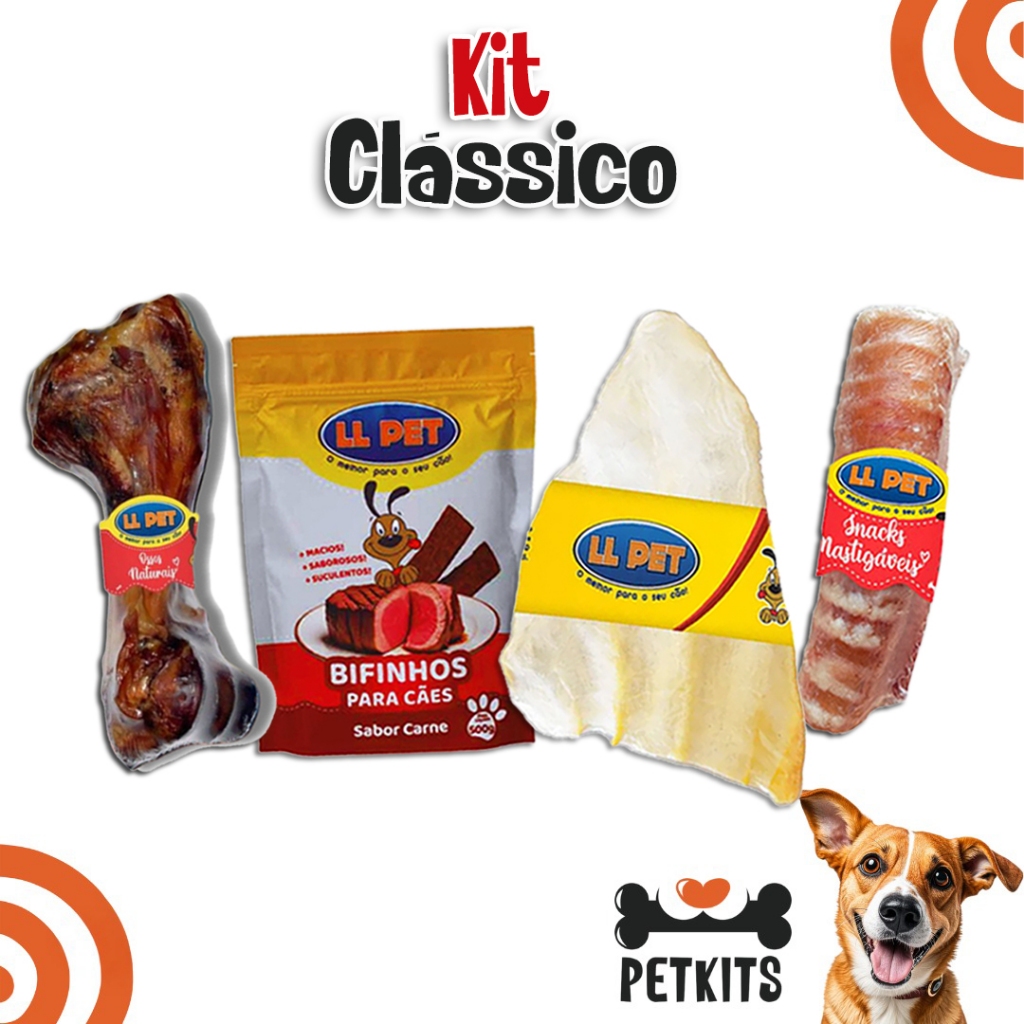 Foto de Petisco Natural Mordedor Kit Clássico para Cães(Orelha Bovina, Úmero Suíno, Traqueia Bovina, Bifinho)
