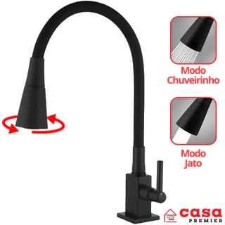 Torneira Gourmet Cozinha Mesa Bancada Pia Flexível Preta Dupla Função Abs