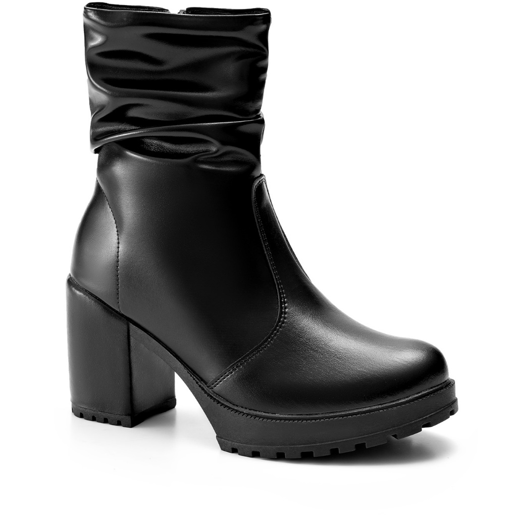 Bota Feminina Lumiss Tratorada Salto Bloco Alto Cano Curto Enrugada