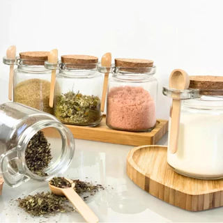 Pote de Vidro com Colher de Bambu e Tampa Rolha 255ml Saleiro e Porta Condimento - Yoss