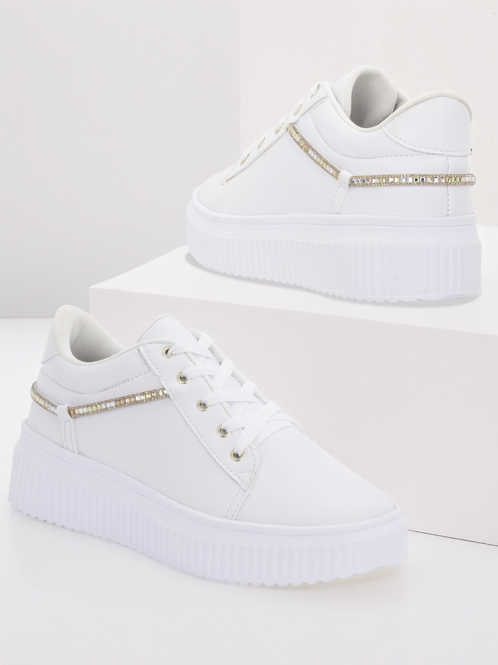 Tênis Flatform Feminino Branco Sola Alta Plataforma com Corrente de Cristais