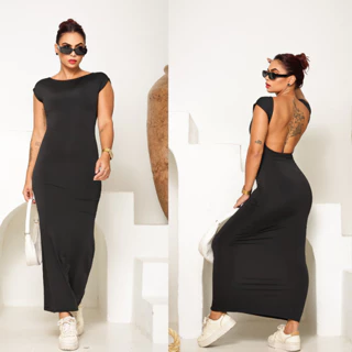 Vestido Feminino Justo de Costas Nua Longo Decote Costa Casual Estiloso em Oferta na Shopee