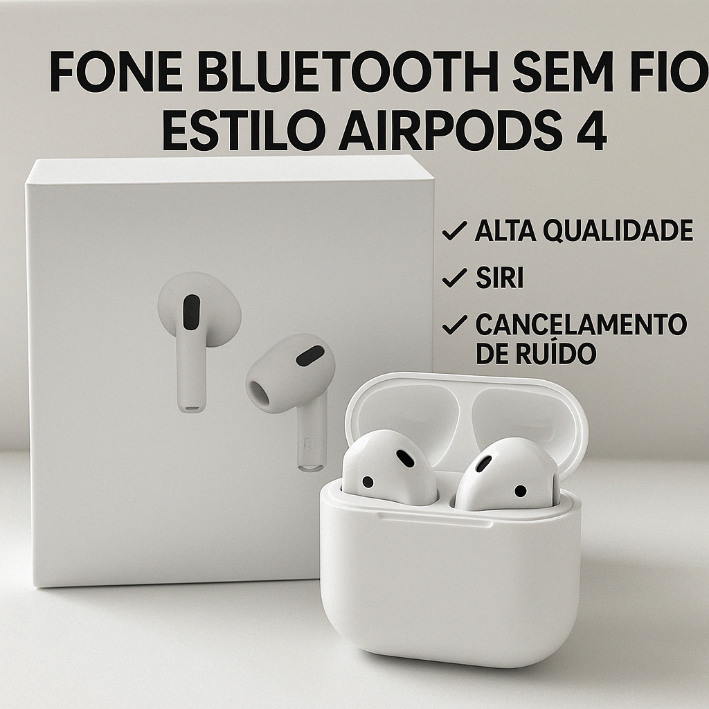 Fone Bluetooth Sem Fio Estilo AirPods 4 - Alta Qualidade, Siri, Cancelamento de Ruído, USB-C