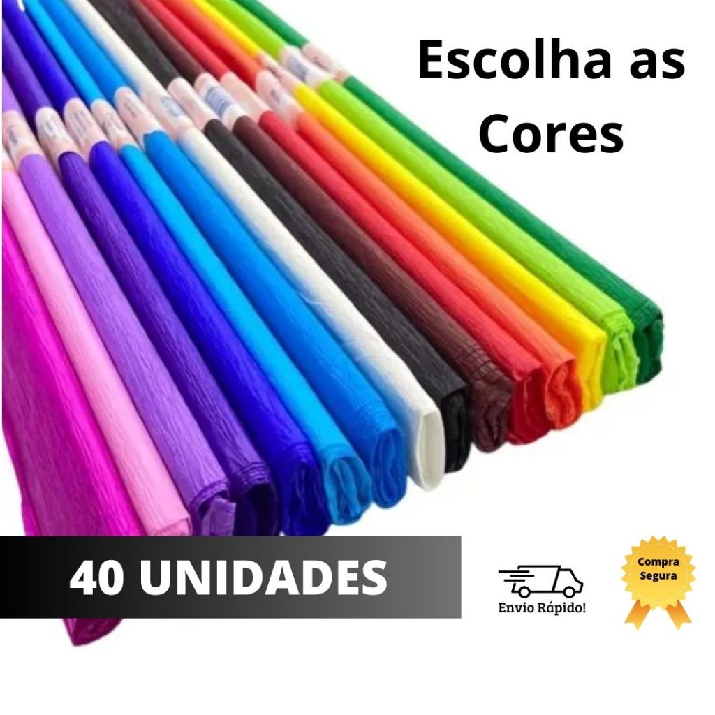 Kit 40 Unidades Papel Crepom Com 48cm X 2metros Variadas Cores Escolar ...