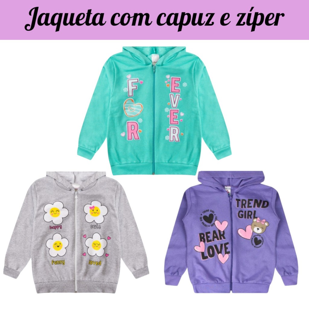 Jaqueta Infantil Juvenil Menina Inverno Premium com Ziper e Capuz