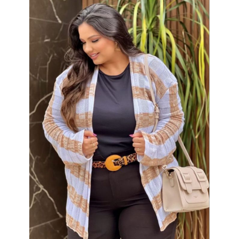 Kimono Plus size listrado Cardigan Casaco Tricot