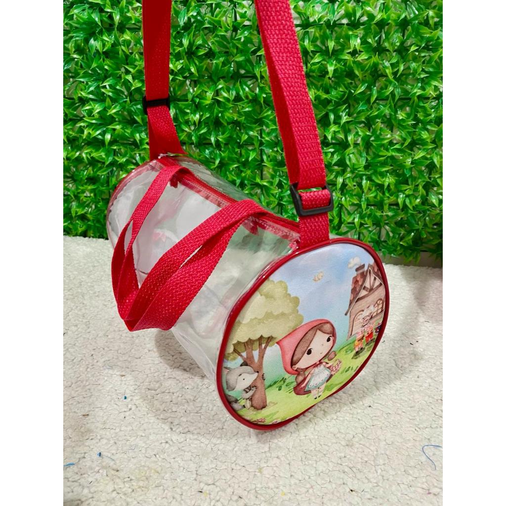 Malinha redonda transparente personalizada com alça transversal para festas e brindes.
