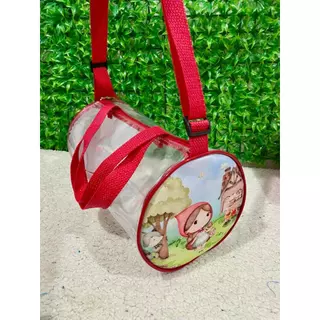 Malinha redonda transparente personalizada com alça transversal para festas e brindes.