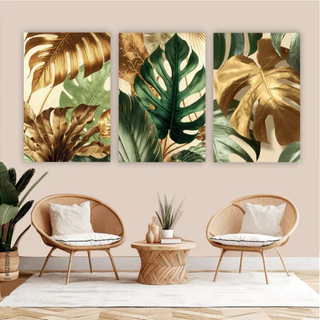 Quadro decorativo 3 peças costela de Adão folhas verdes e douradas decoração sala varanda quarto