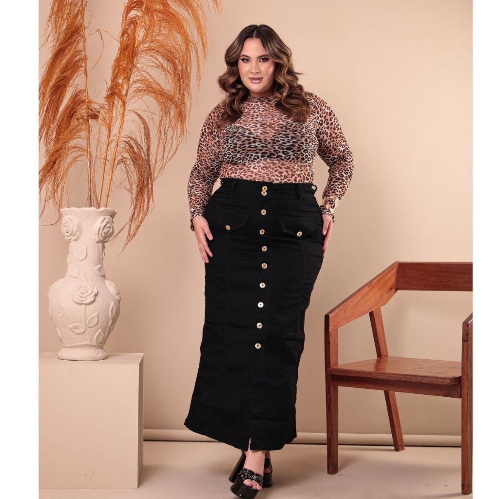 Saia Longa Plus Size cós largo Evangélica Abertura De Botões