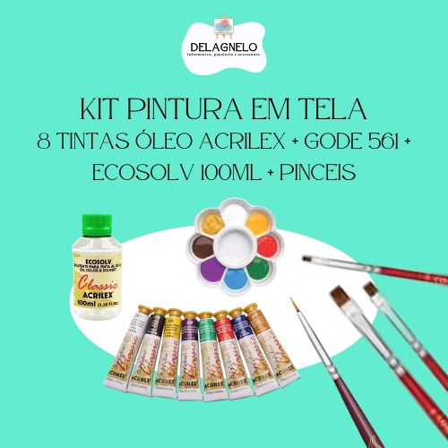 Kit Pintura em tela iniciantes com 8 tintas Óleo Acrilex + Gode 561 ...