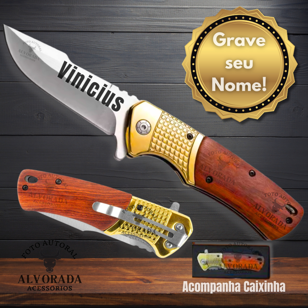 Canivete Luxo Personalizado com Nome com Detalhe Dourado Clip de Bolso ...