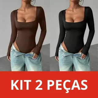 Kit 02 Body Bori Nova York Manga Longa Comprida Decote Quadrado Moda Gringa em Oferta na Shopee