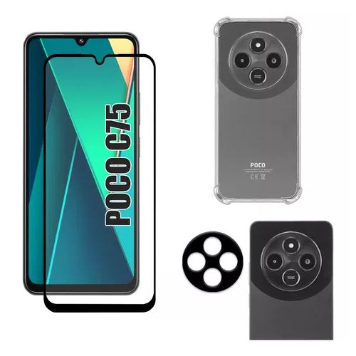KIt Pelicula Vidro 3D Xiaomi Poco C75 + Capa Capinha Anti Shock + Pelicula Camera 3D