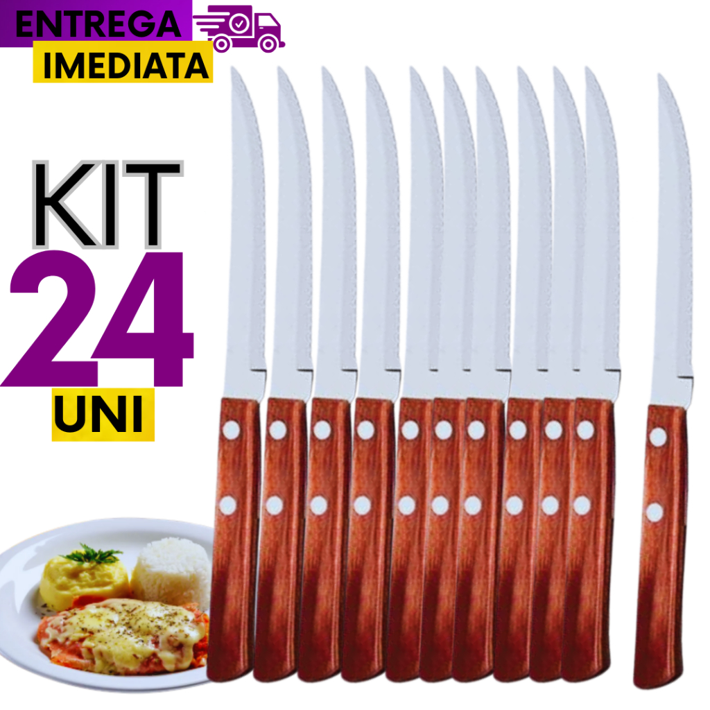 Conjunto 24 Faca Talher Inox com Cabo de Madeira Faqueiro Jogo Kit ...