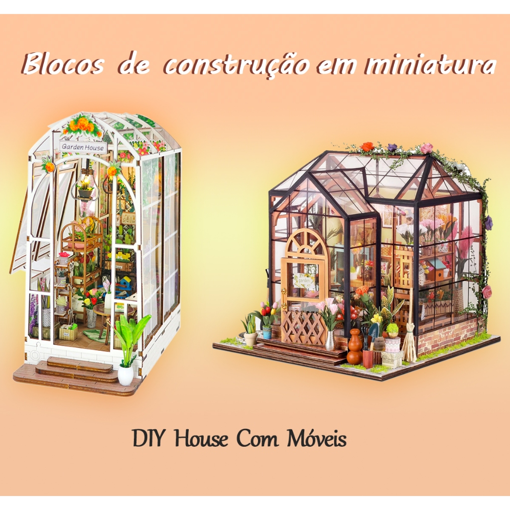brinquedos de bloco de casa de bonecas em miniatura - casa de flores transparente com móveis