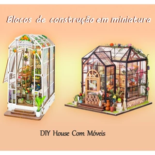 brinquedos de bloco de casa de bonecas em miniatura - casa de flores transparente com móveis