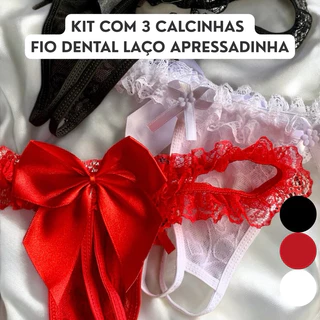 Kit com 3 Calcinha Fio Dental Laço Apressadinha Tanga Sexy Atrevida Sensual
