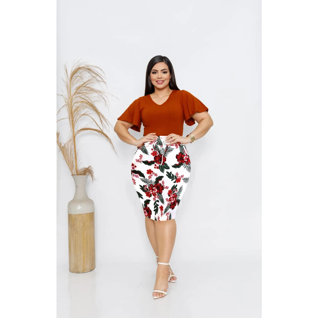 Saia Lápis Cintura Alta Tendência Estampada Moda Evangélica Elegante