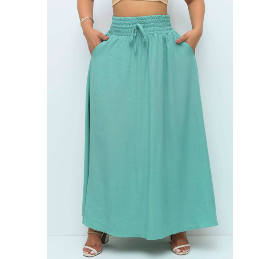 Saia Longa Viscolinho Com Bolsos Com Fenda Lateral Forrada Moda Casual