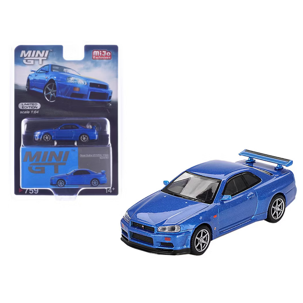 Mini GT Nissan Skyline GT-R (R34) V-Spec Bayside Blue #759