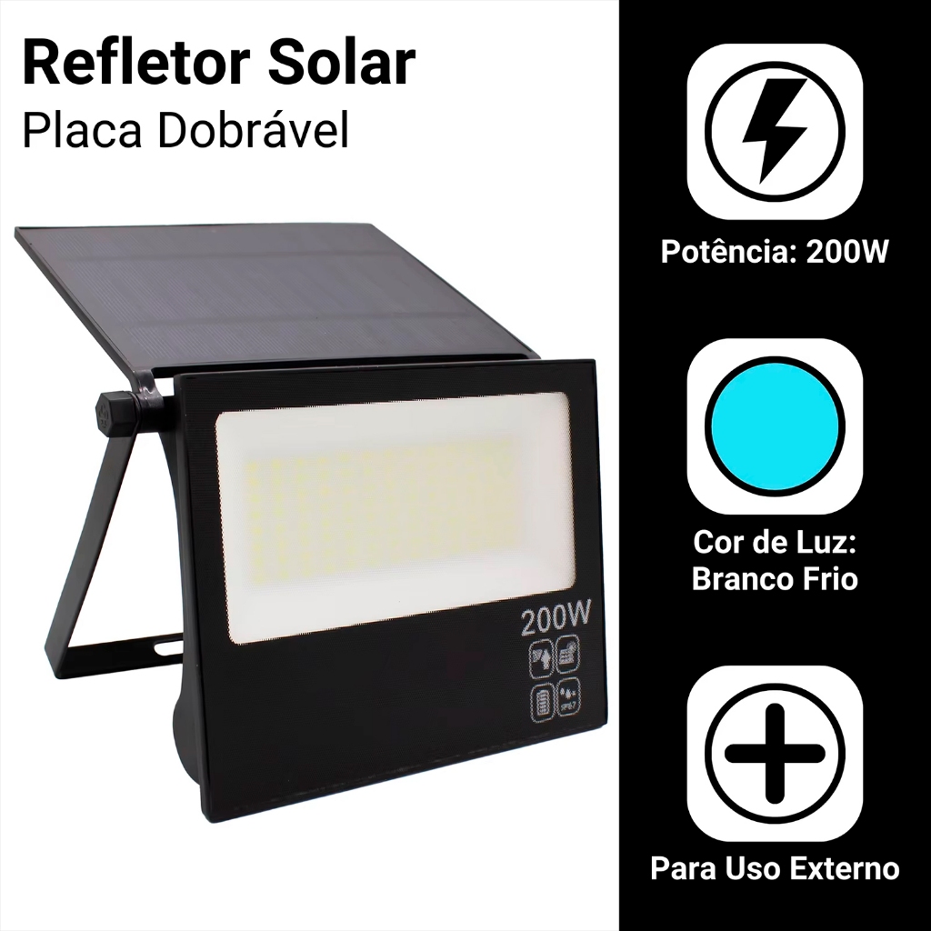 Refletor Solar 200w Led Placa Prova Dágua Dobrável Ajustável ...