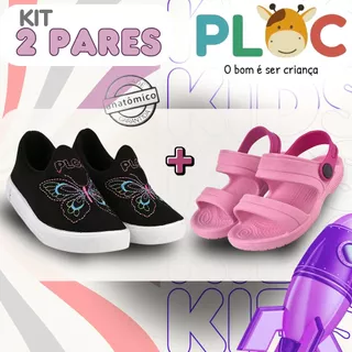 Kit 2 Pares: Tênis Calce Fácil Borboletas Casual Ploc Menina + Papete Rosa em Oferta na Shopee