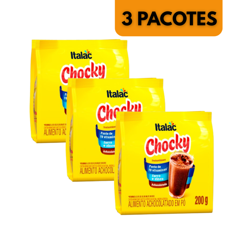 Kit com 3 - Achocolatado em pó Chocky Italac - cada pacote de 200g ...