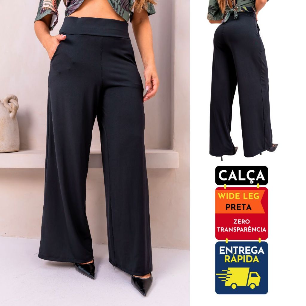 Calça Wide Leg Preta Zero transparência Pantalona Feminina Cintura