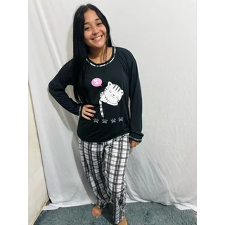 Pijama longo adulto HK estampa do gatinho preto em Oferta na Shopee