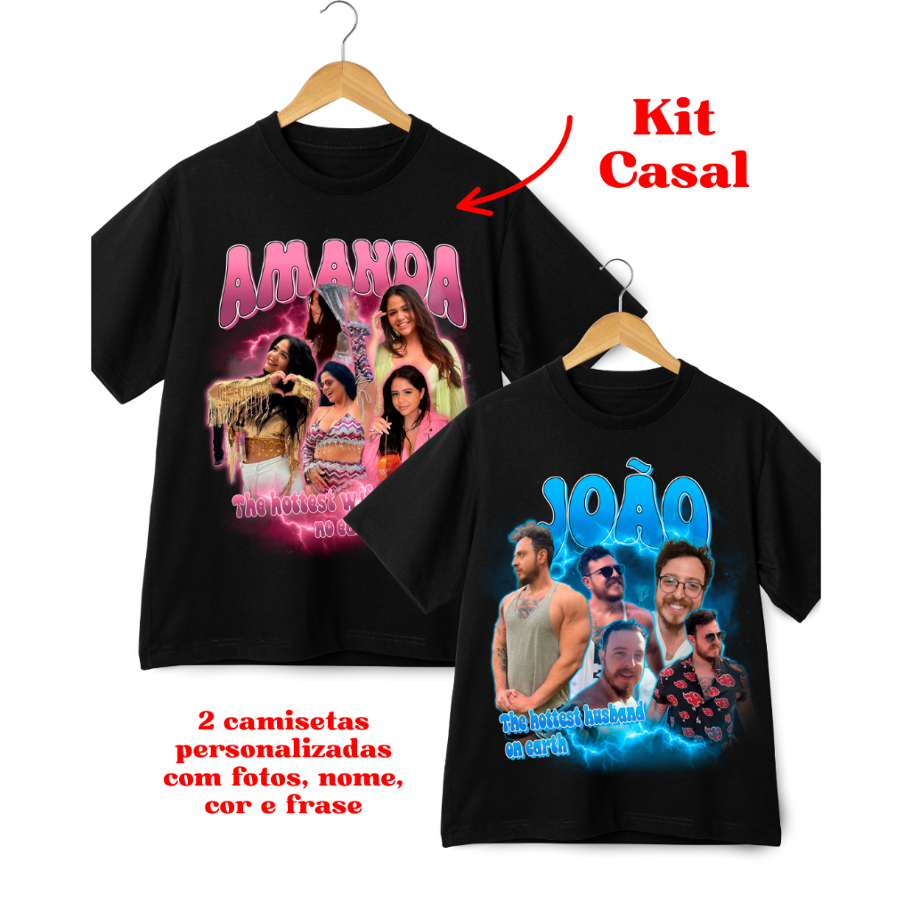 Kit Casal 2 Camisetas Personalizadas com Suas Fotos Nome Frase Básica ...