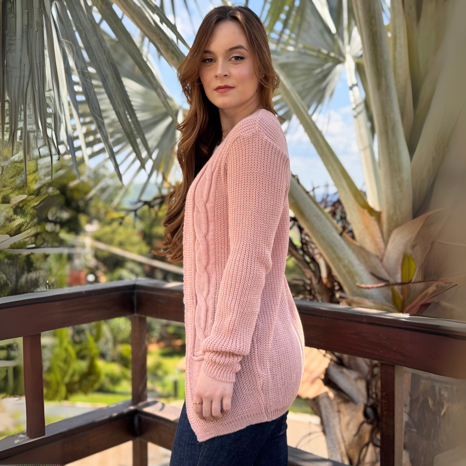 Cardigan Azul Turquesa Casaco Feminino Moda Feminina Tricot Trança