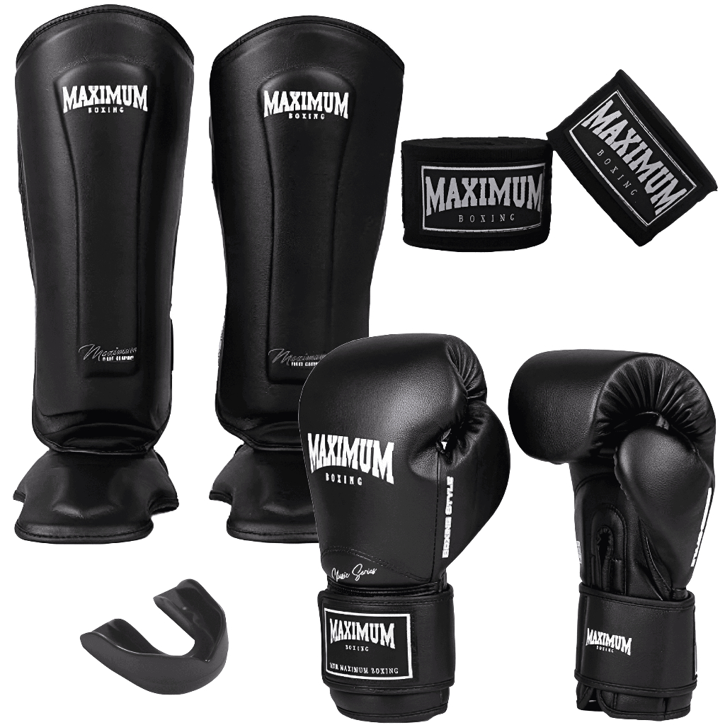 KIT LUVA DE BOXE MUAY THAI NEW CLASSIC BLACK + CANELEIRA MUAY THAI ...