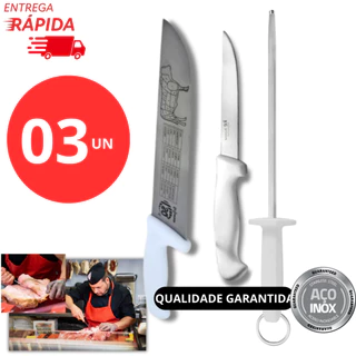 Kit 03 Utensilhos Faca Açougueiro/Chaira/Faca do Chef Profissional Lâmina Aço