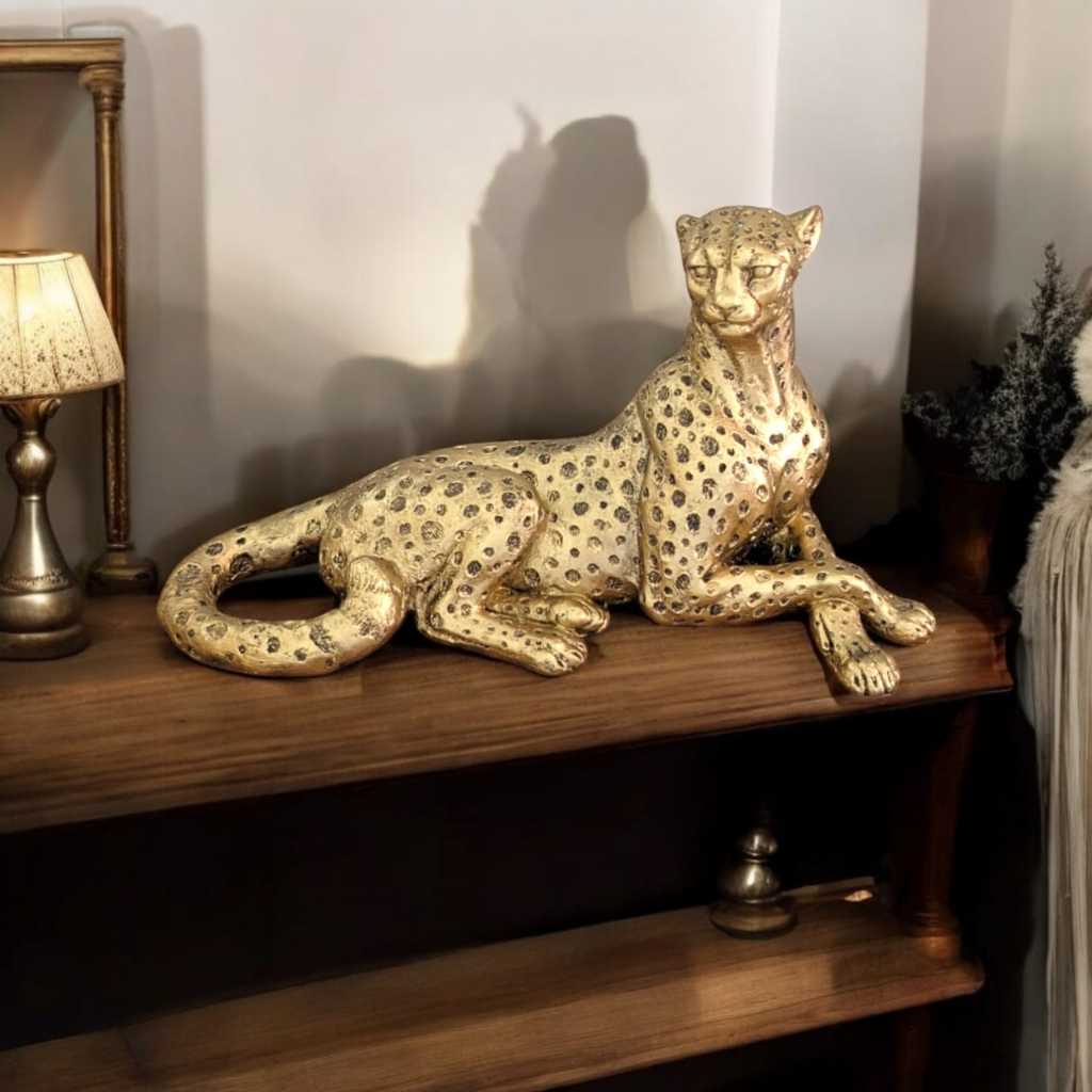 Estatueta Jaguar Dourado Enfeite Decorativo Sala 27 cm Pantera