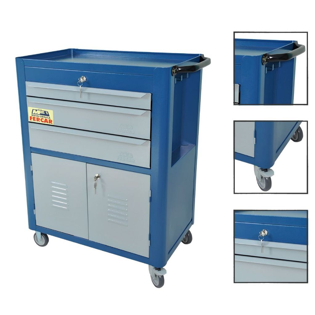 Carrinho Para Ferramentas 3 Gavetas + Armario com rodinhas Fercar Oficina Mecanica Studio Tatuagem