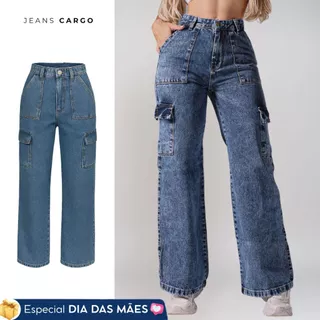 Calça Jeans Cargo Moda Feminina Pantalona Bolso Lateral Cintura Alta Jeans Confortável Premium