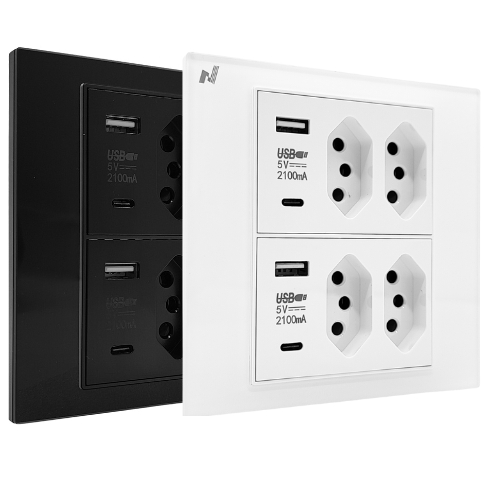 Tomada 4x4 Novadigital USB + Tipo C + 4 Entradas 20A Mesas de Trabalho e Estações de Carregamento