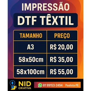 Impressão DTF Têxtil por Metro – A3, 58x50cm e 58x100cm | Nid Criativa ENVIO NO MESMO DIA